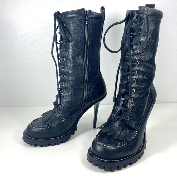 Tory Burch Trigg Black Pebbled Leather Mid Calf Rugged Stilleto Kiltie Boots 8.5 - Picture 16 of 16